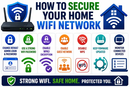 Infographic showing how to secure a home WiFi network with icons for strong passwords, encryption, firmware updates, and monitoring connected devices. 