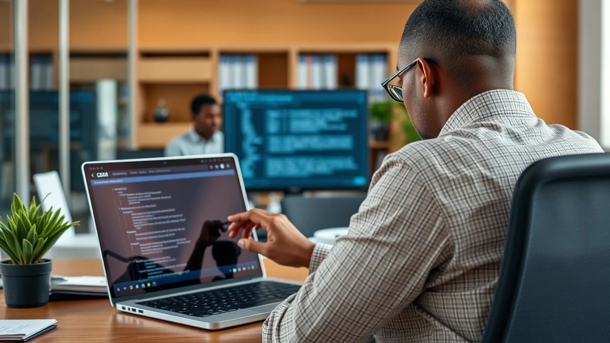 Person learning artificial intelligence skills on a laptop in a modern workspace