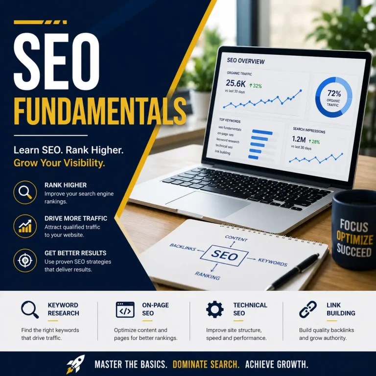 SEO Fundamentals course cover featuring SEO analytics dashboards, keyword research concepts, and search engine optimisation performance metrics.