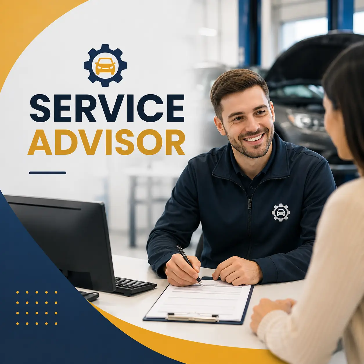 Service Advisor course cover featuring an automotive service advisor assisting a customer at a vehicle service centre.