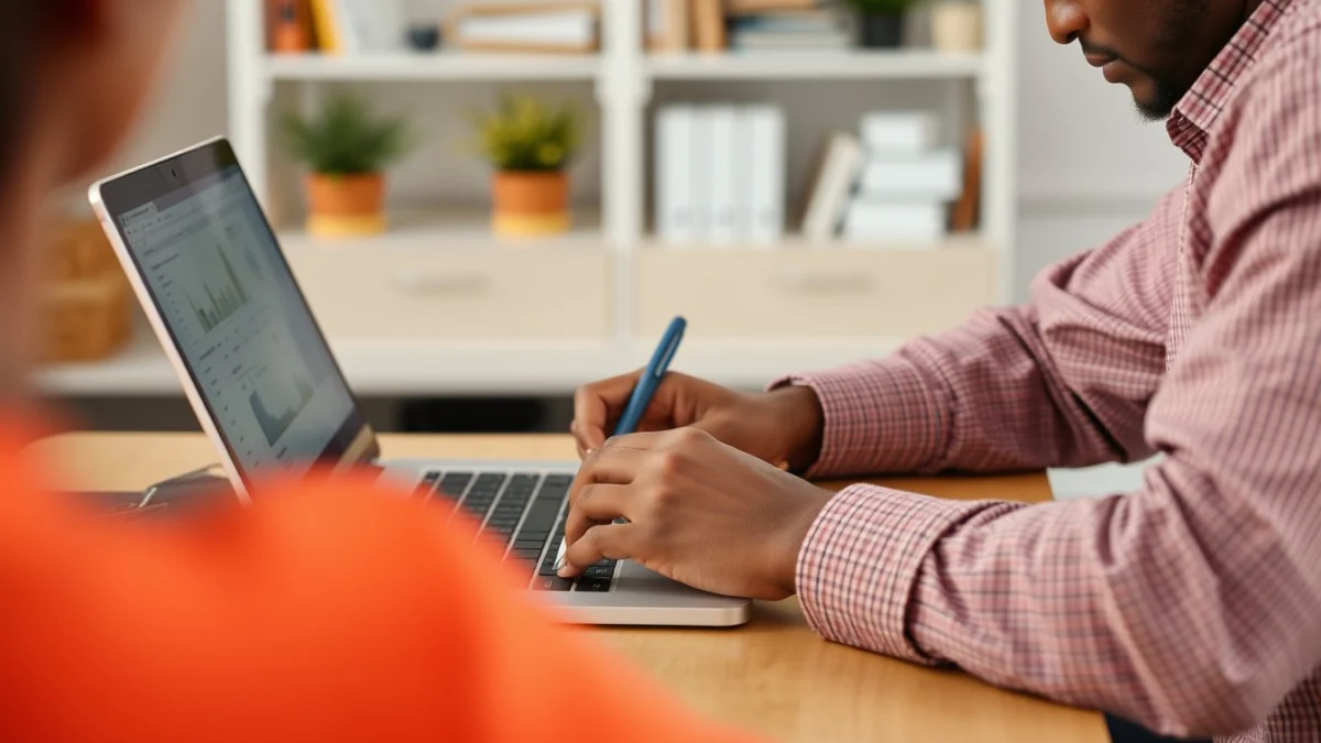Person learning artificial intelligence skills on a laptop in a modern workspace