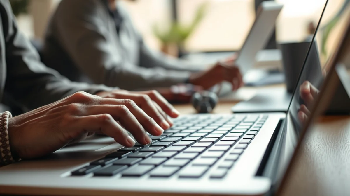 Person learning artificial intelligence skills on a laptop in a modern workspace