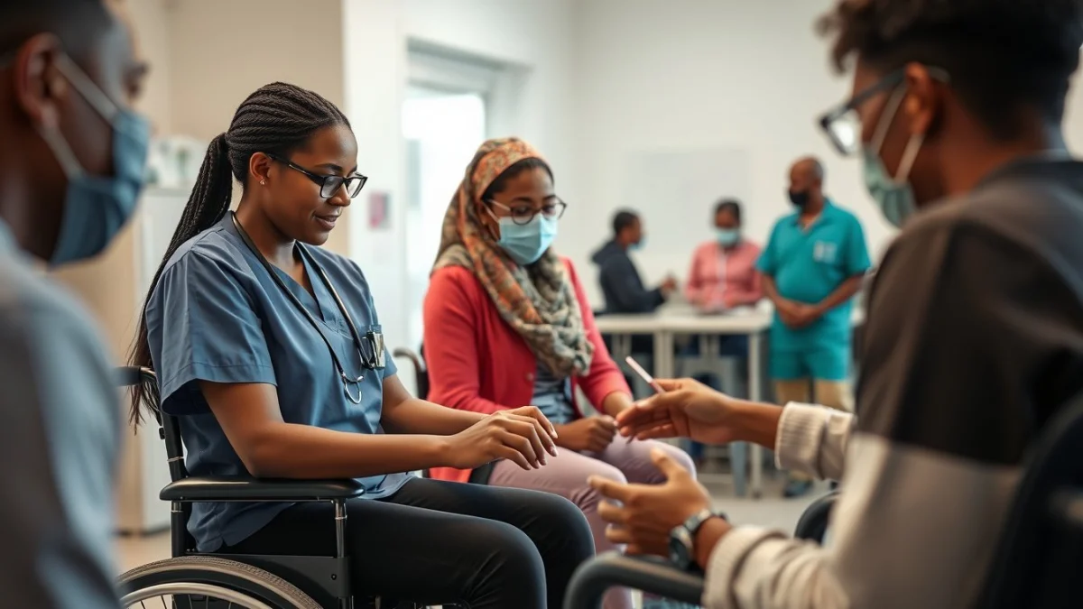 Learner studying caregiving skills in a professional training environment