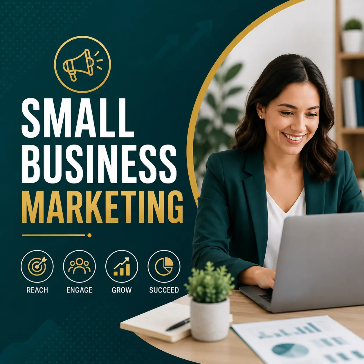 Small Business Marketing course cover featuring a business professional working on a laptop with marketing strategy, audience engagement, growth, and analytics icons.