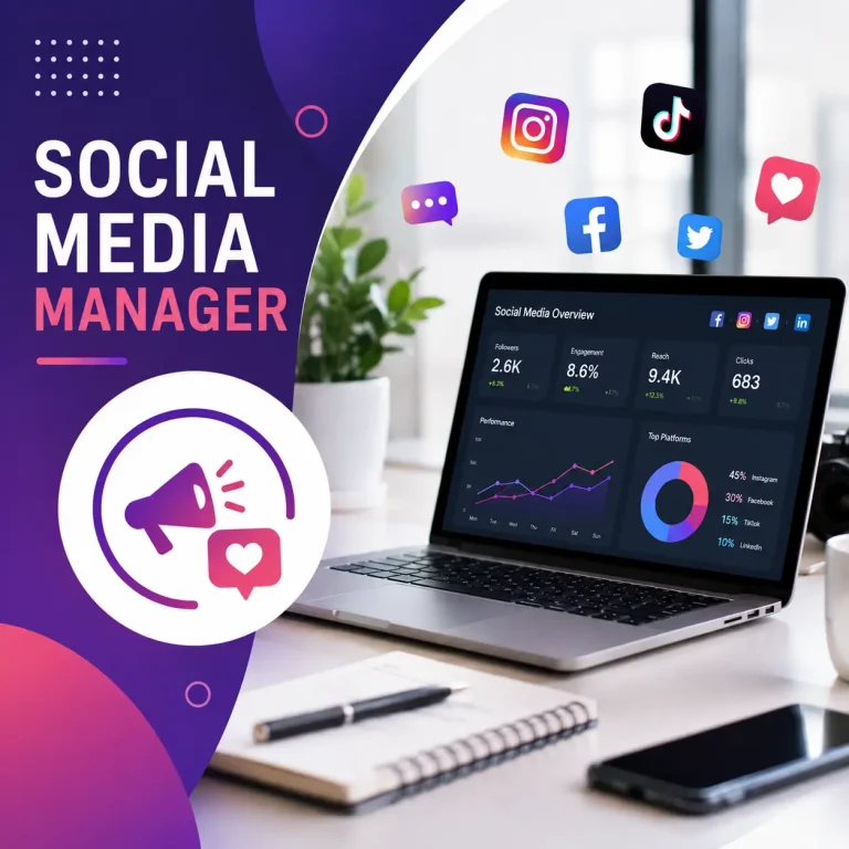 Social Media Manager course cover featuring a modern digital workspace with a laptop displaying social media analytics, floating social media icons, and bold purple branding.