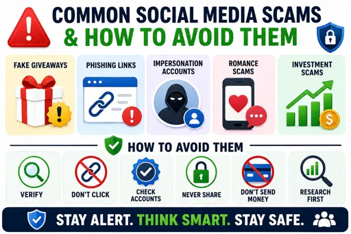 Infographic showing common social media scams and how to avoid them with icons for fake giveaways, phishing links, impersonation, and safe online practices. 