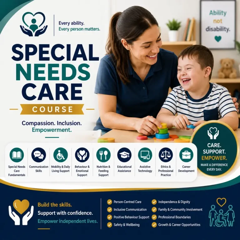 Special needs caregiver supporting a child with developmental disabilities during a learning and play activity in an inclusive care environment.