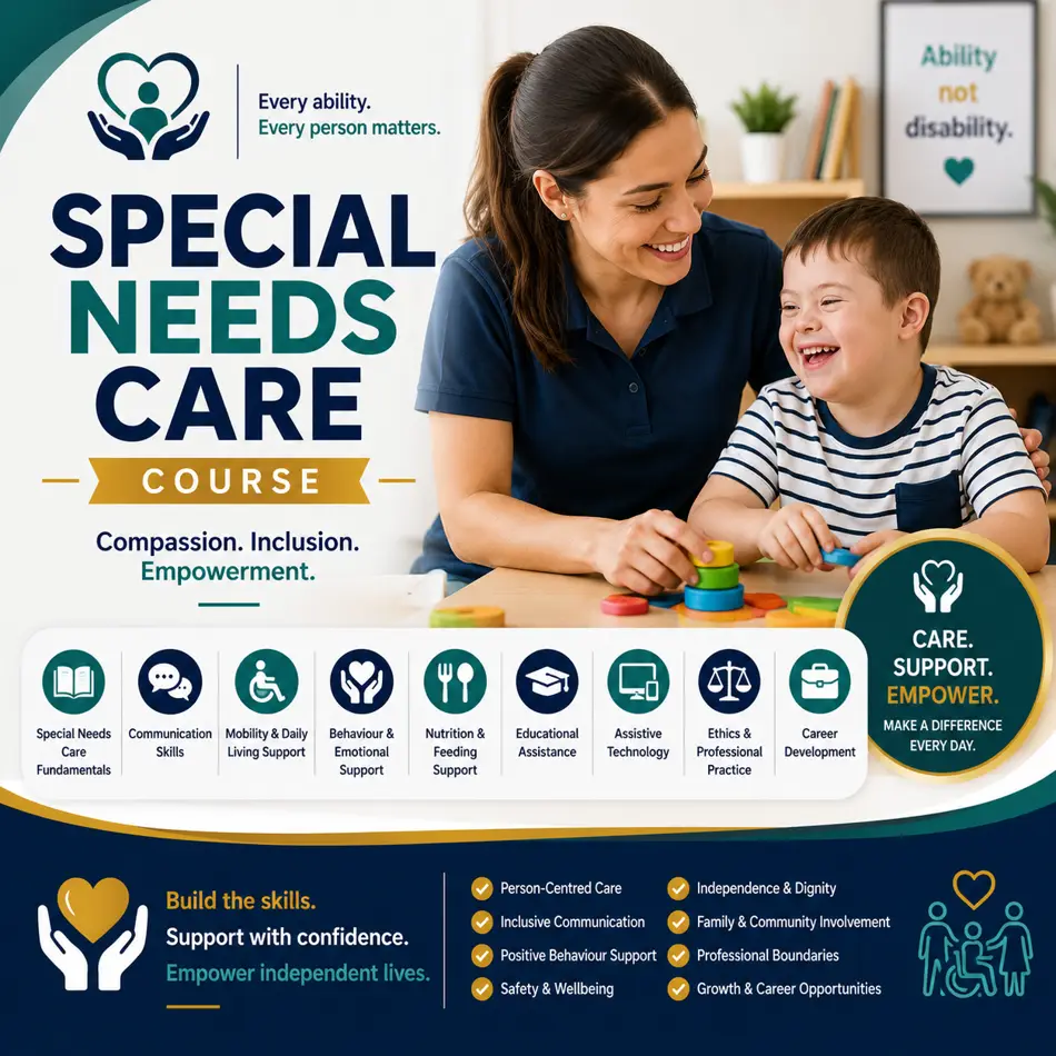 Special needs caregiver supporting a child with developmental disabilities during a learning and play activity in an inclusive care environment.