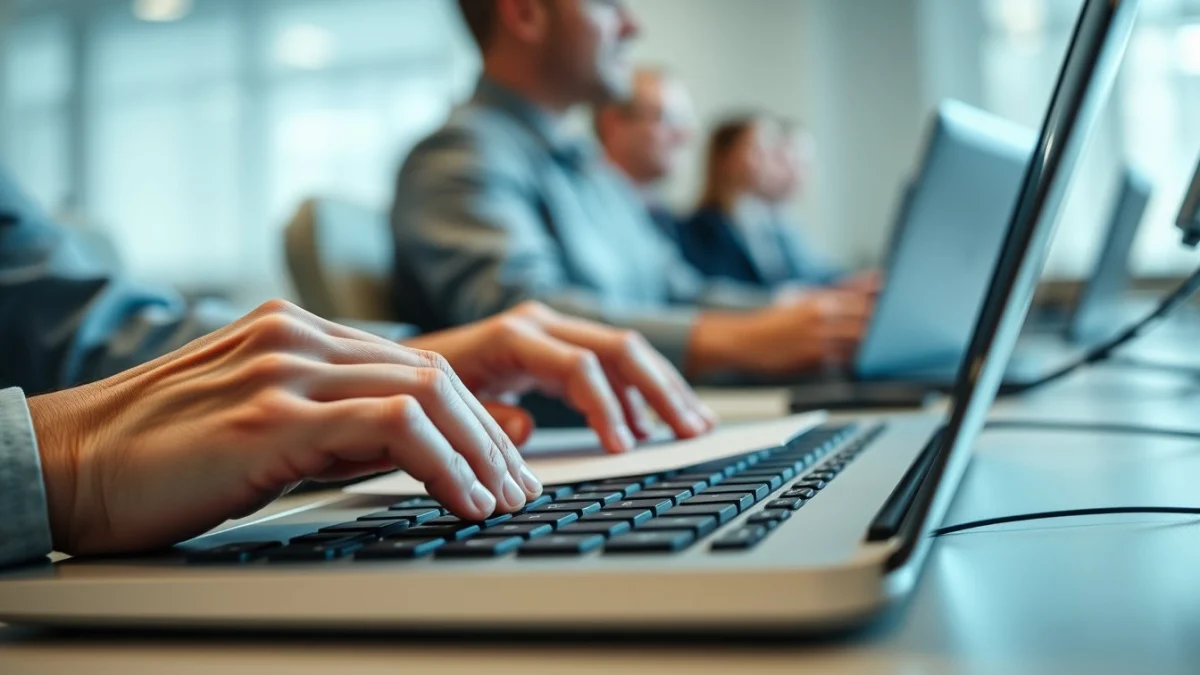 Person learning artificial intelligence skills on a laptop in a modern workspace