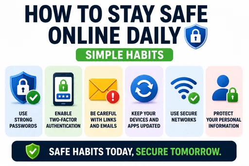 Infographic showing simple daily habits to stay safe online like strong passwords and updates. 