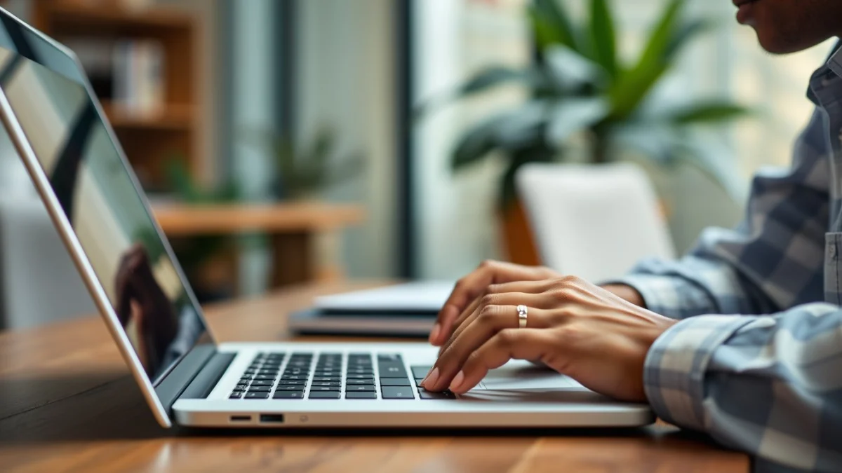 Person learning artificial intelligence skills on a laptop in a modern workspace