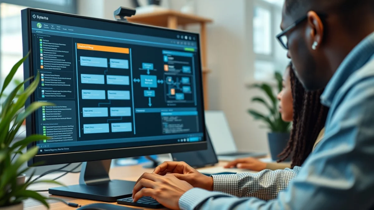 Person learning artificial intelligence skills on a laptop in a modern workspace
