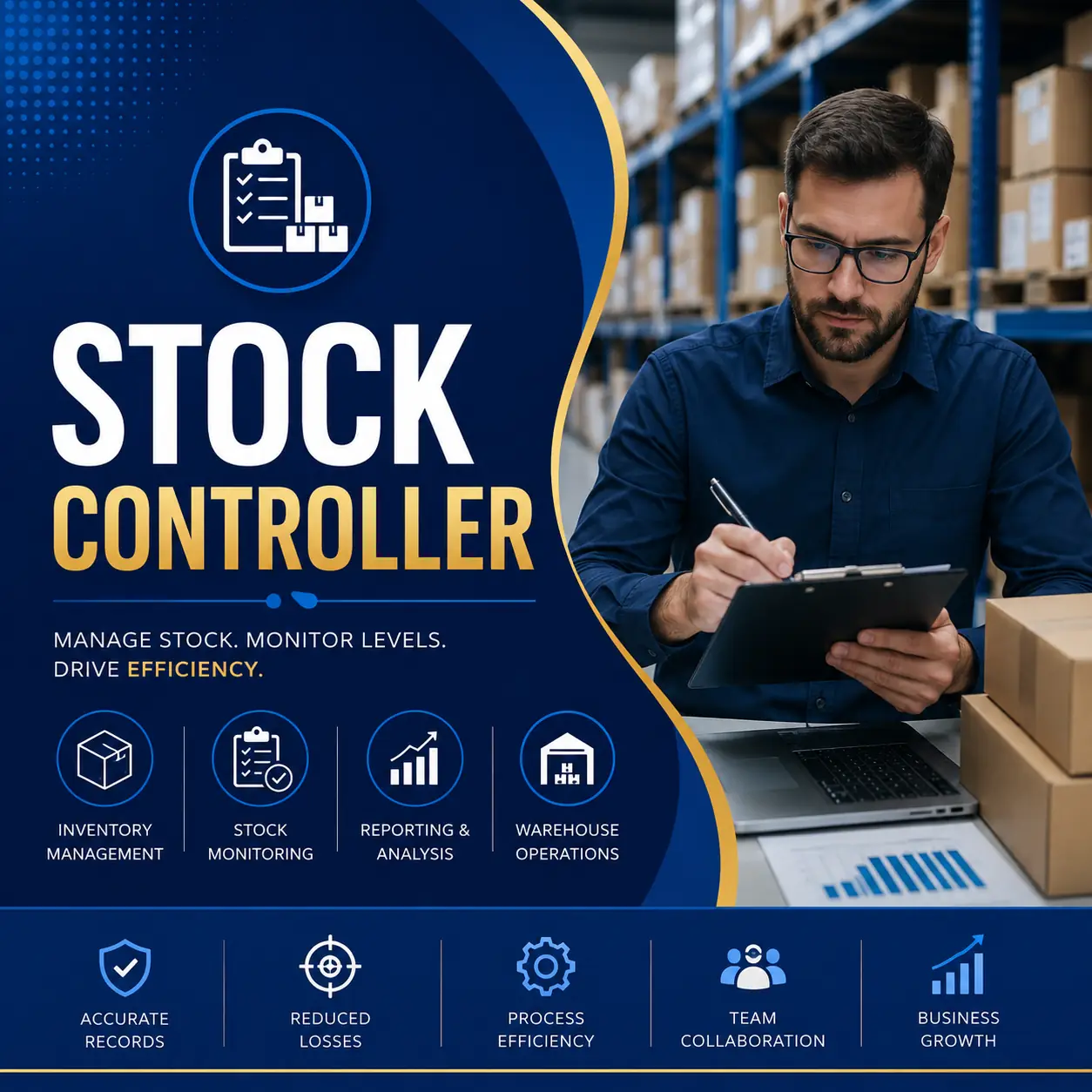 Stock Controller course cover featuring a warehouse inventory controller checking stock levels with a clipboard in a modern warehouse.