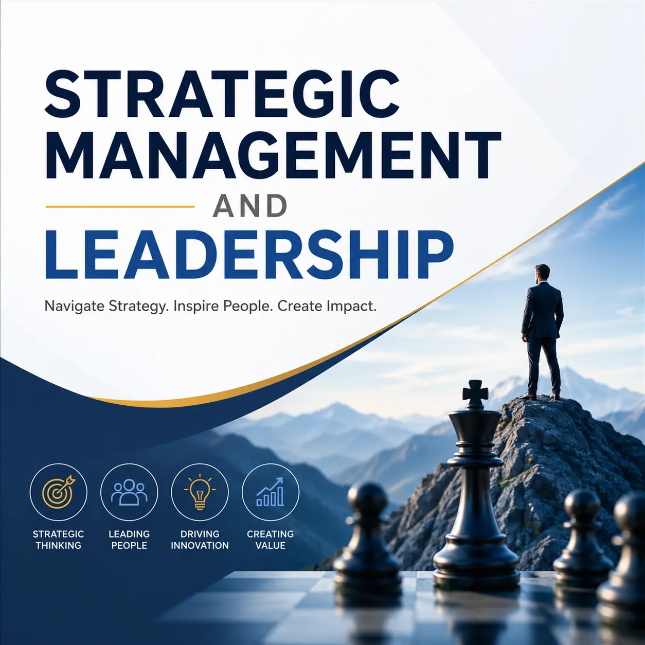 Strategic Management and Leadership online course graphic with business leader and chess strategy theme