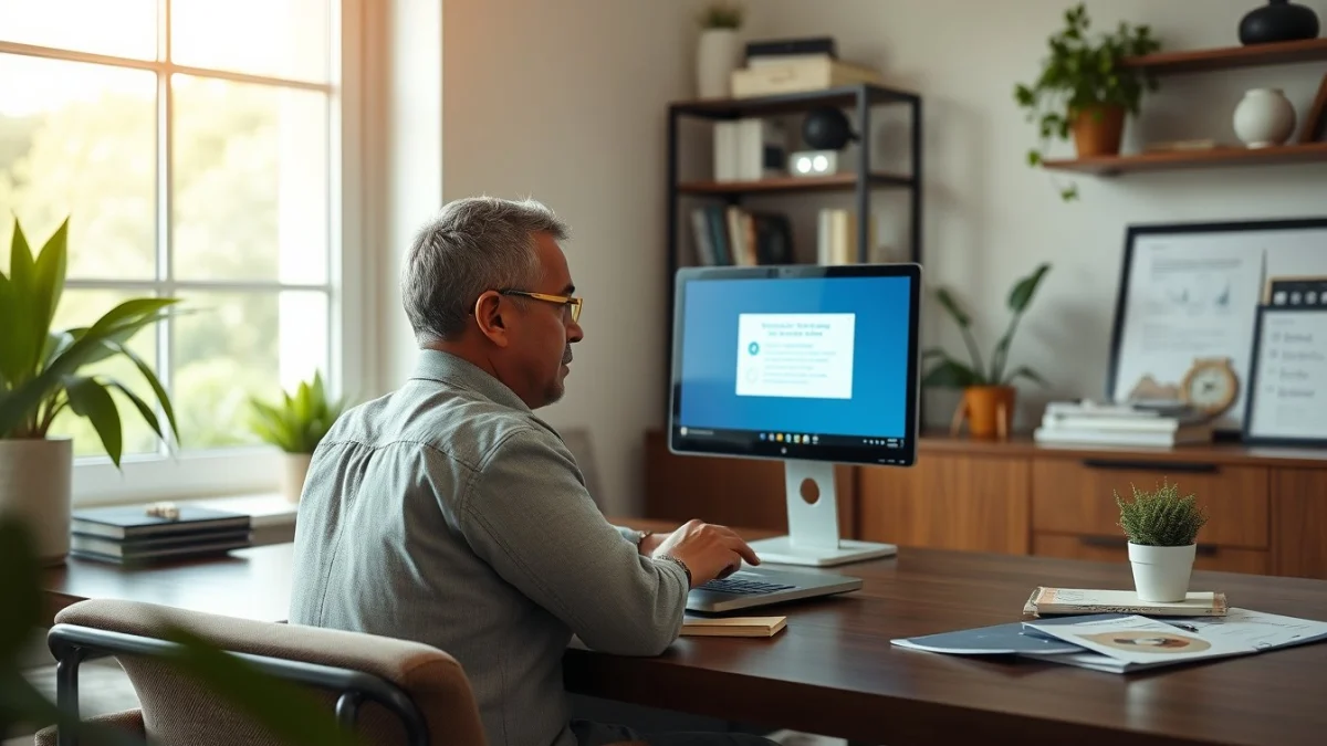 Person learning artificial intelligence skills on a laptop in a modern workspace