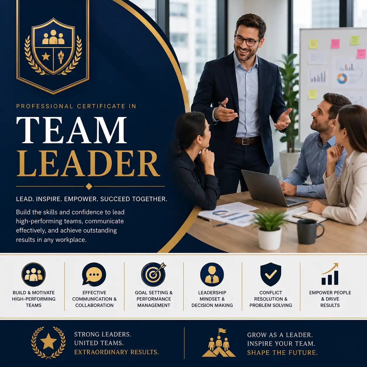 Team Leader Certificate Course cover featuring a team leader guiding a workplace team during a strategy and collaboration meeting