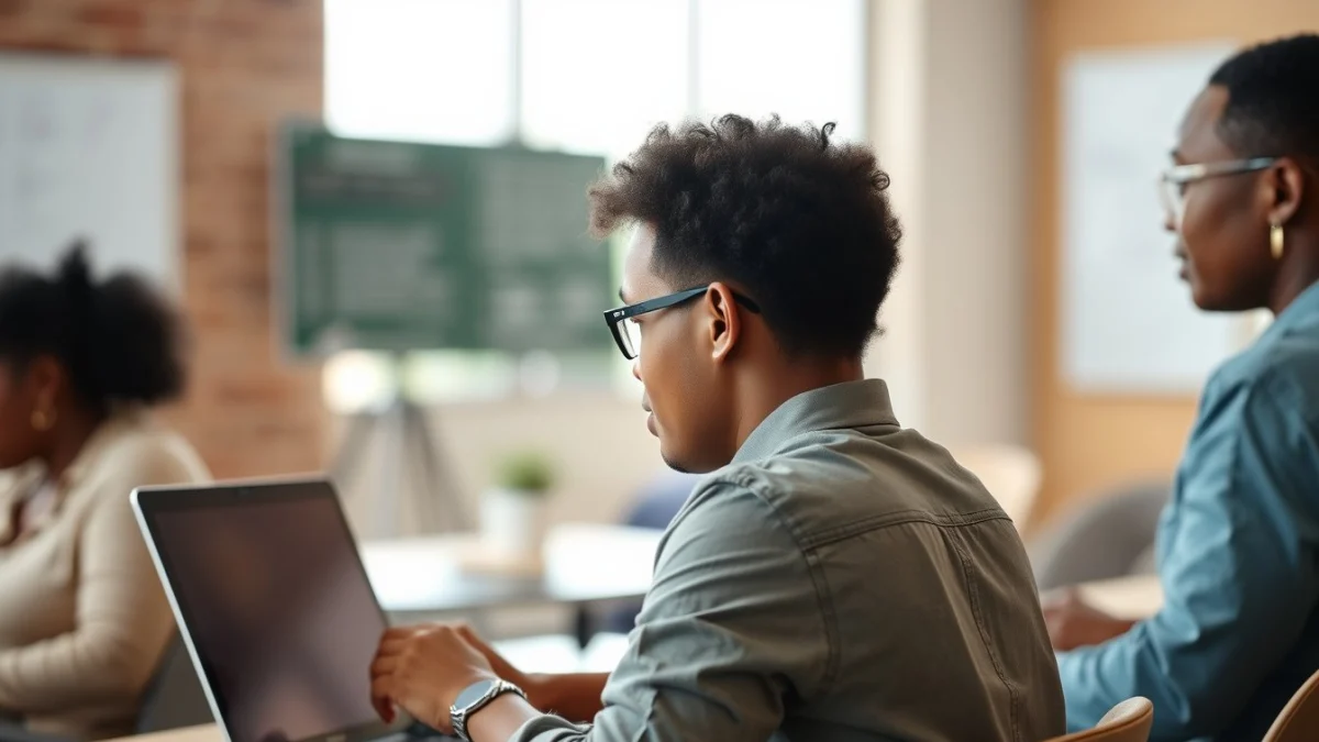 Person learning business skills in a clean modern workspace