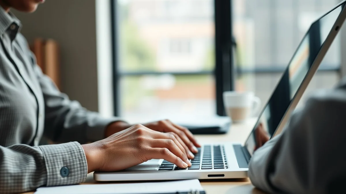Person learning artificial intelligence skills on a laptop in a modern workspace
