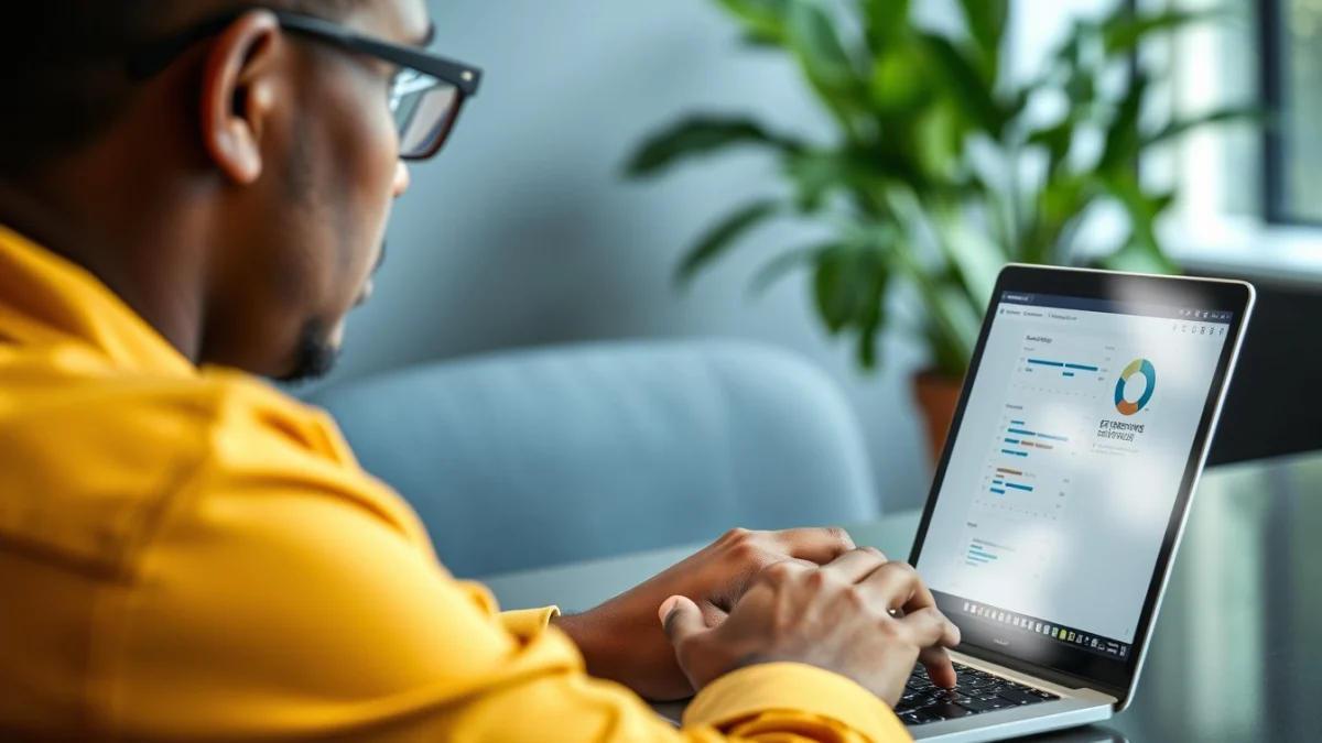 Person learning artificial intelligence skills on a laptop in a modern workspace