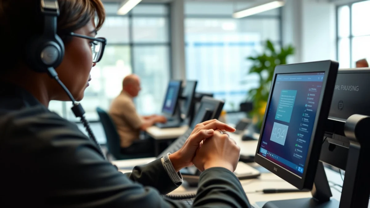 Person learning telephone systems and customer relationship software in a modern educational setting