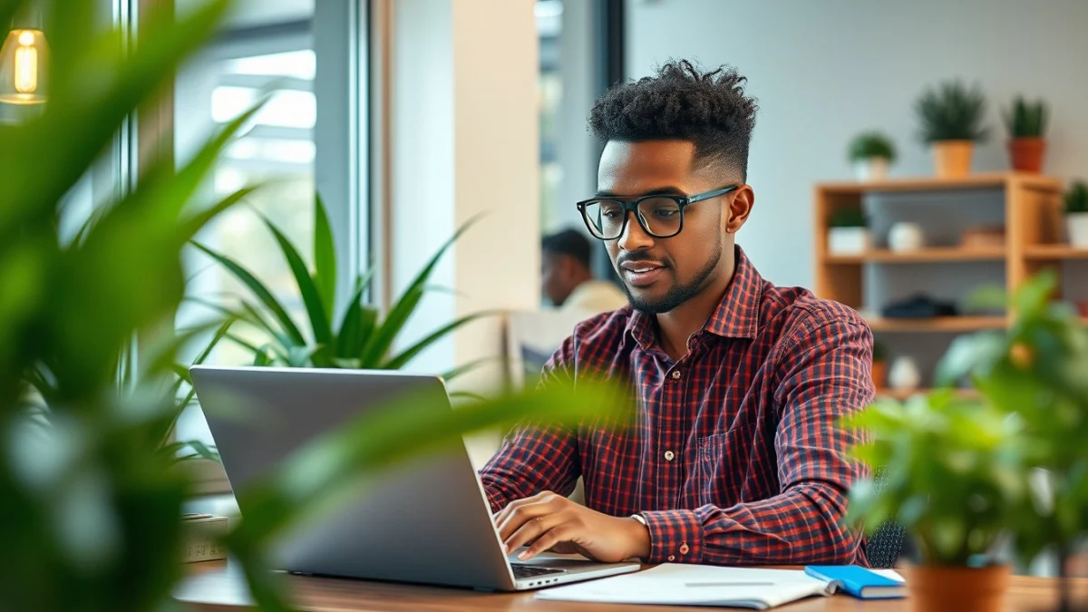 Person learning artificial intelligence skills on a laptop in a modern workspace