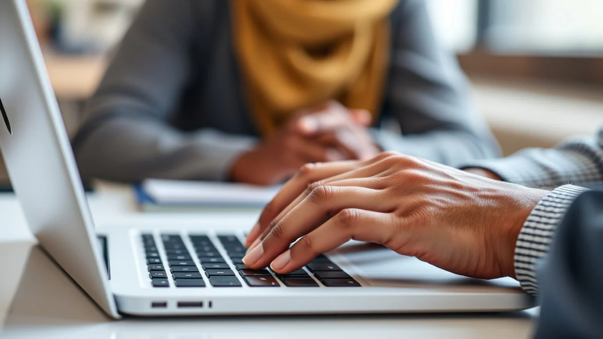 Person learning artificial intelligence skills on a laptop in a modern workspace