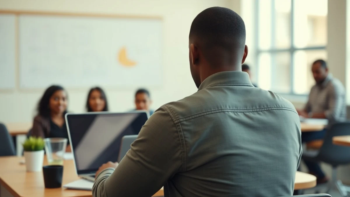 Person learning artificial intelligence skills on a laptop in a modern workspace