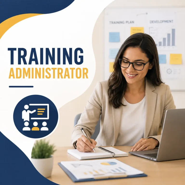 Training Administrator course cover featuring a training professional preparing learning materials with a laptop, notebook, presentation icon, and training planning charts in a modern office.