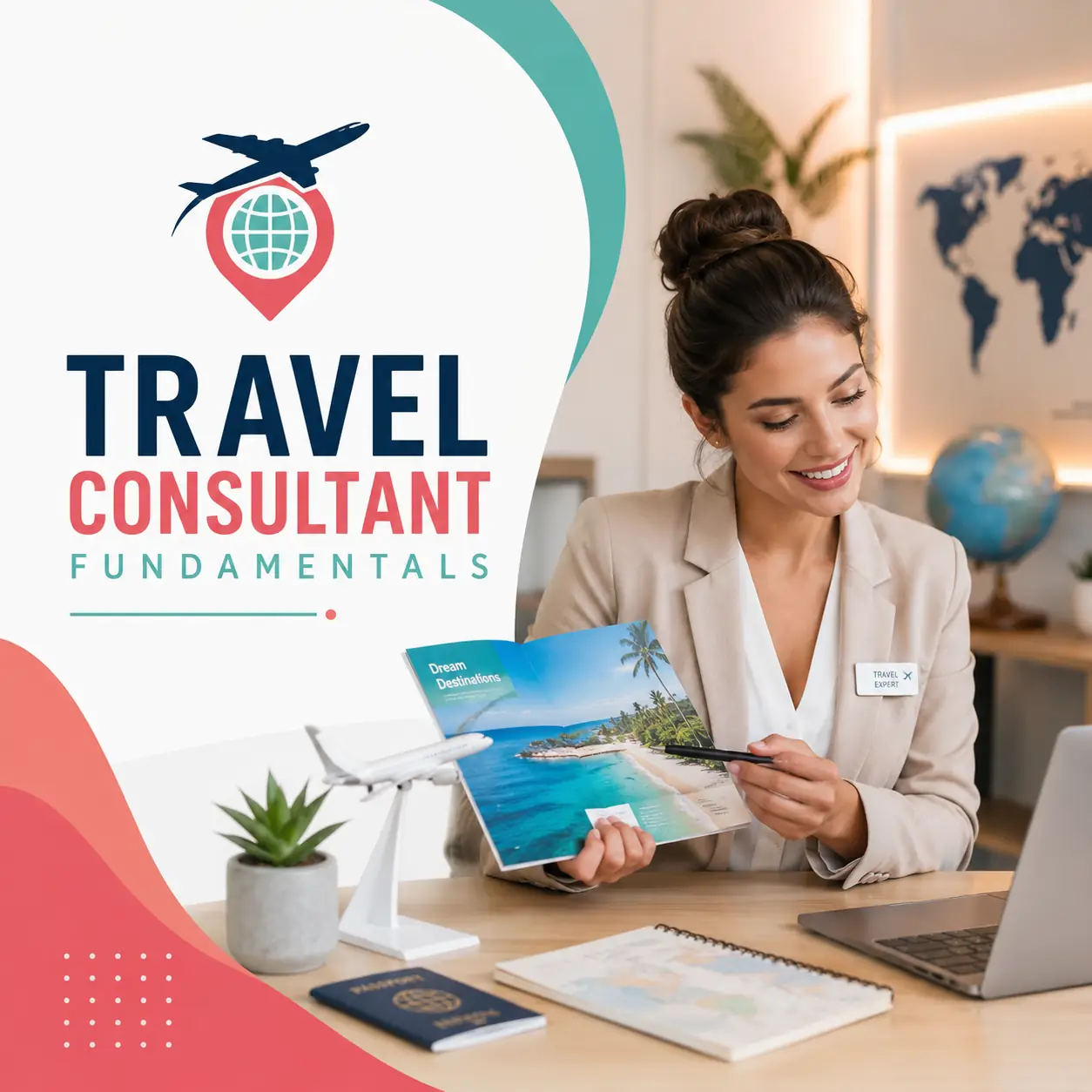 Travel Consultant Fundamentals course cover featuring a travel consultant with destination brochure, passport, airplane and world map.