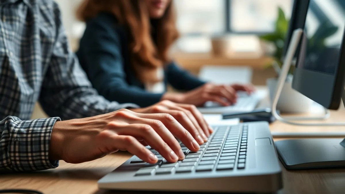 Person learning artificial intelligence skills on a laptop in a modern workspace