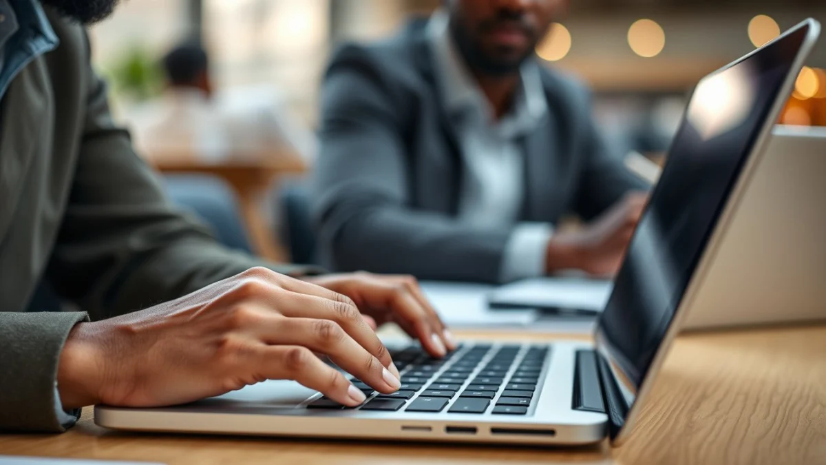 Person learning artificial intelligence skills on a laptop in a modern workspace