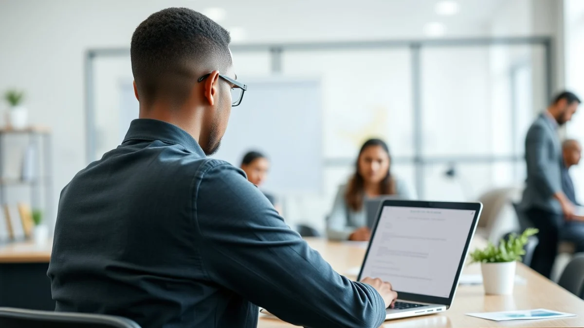 Person learning artificial intelligence skills on a laptop in a modern workspace