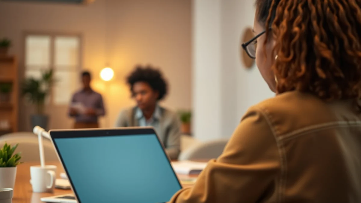 Person learning artificial intelligence skills on a laptop in a modern workspace