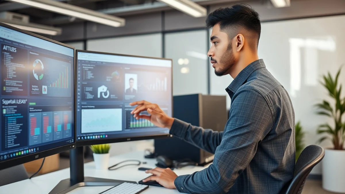 Person learning artificial intelligence skills on a laptop in a modern workspace