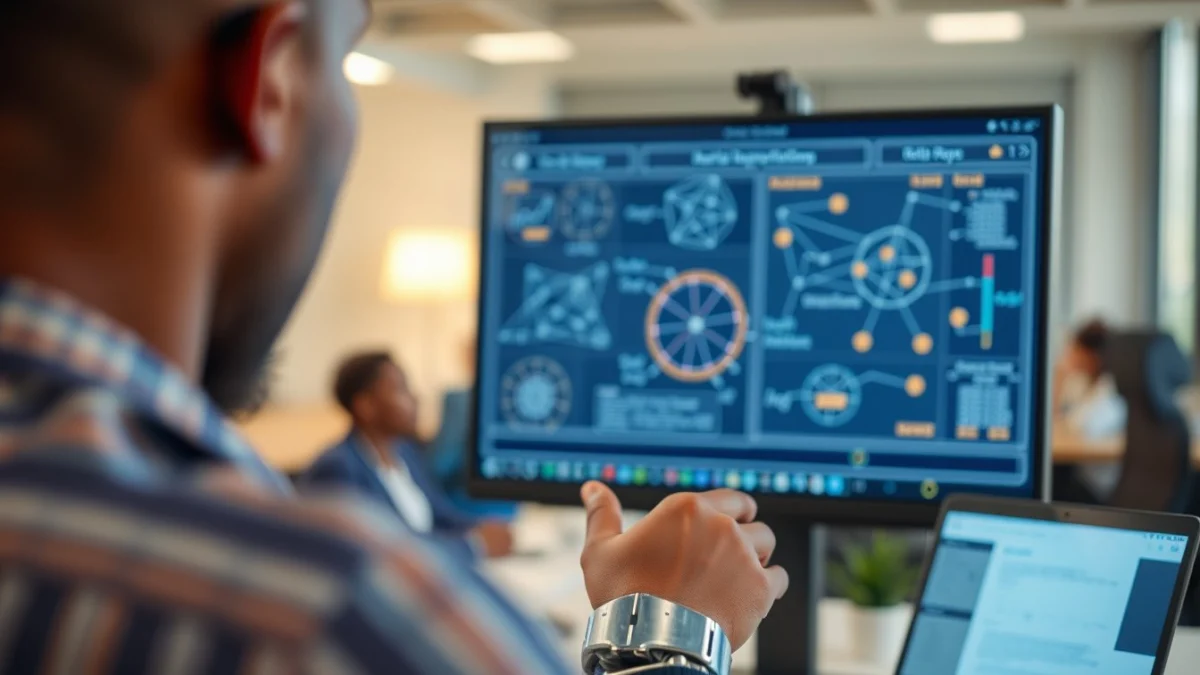 Person learning artificial intelligence skills on a laptop in a modern workspace