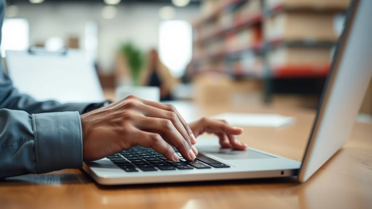 Person learning artificial intelligence skills on a laptop in a modern workspace