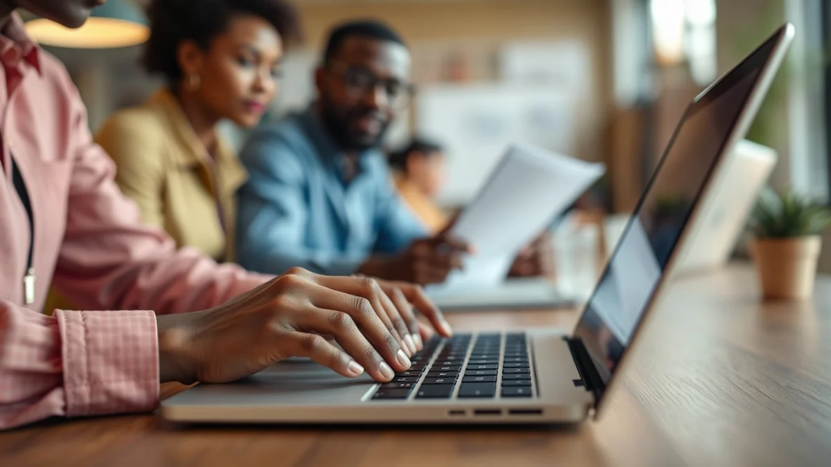 Person learning artificial intelligence skills on a laptop in a modern workspace