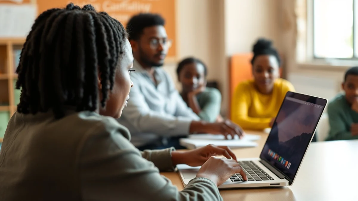 Person learning artificial intelligence skills on a laptop in a modern workspace
