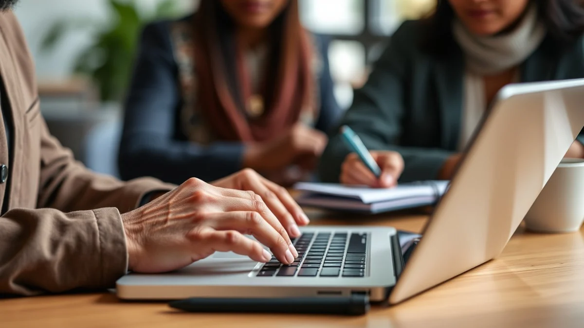 Person learning artificial intelligence skills on a laptop in a modern workspace