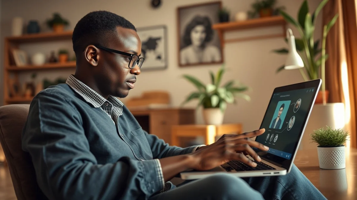 Person learning artificial intelligence skills on a laptop in a modern workspace