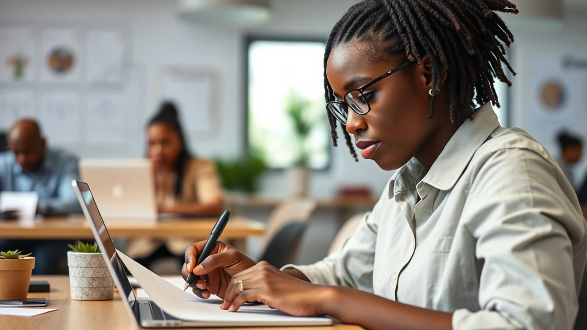 Person learning business skills in a clean modern workspace