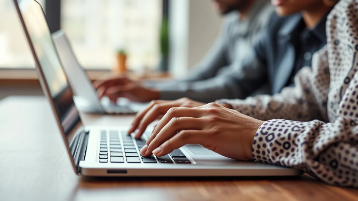 Person learning artificial intelligence skills on a laptop in a modern workspace