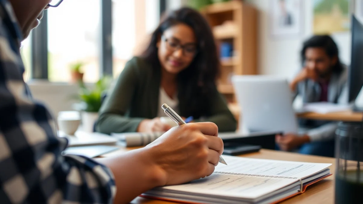 Person learning business skills in a clean modern workspace