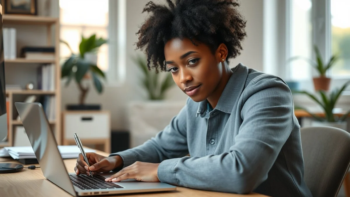Person learning artificial intelligence skills on a laptop in a modern workspace
