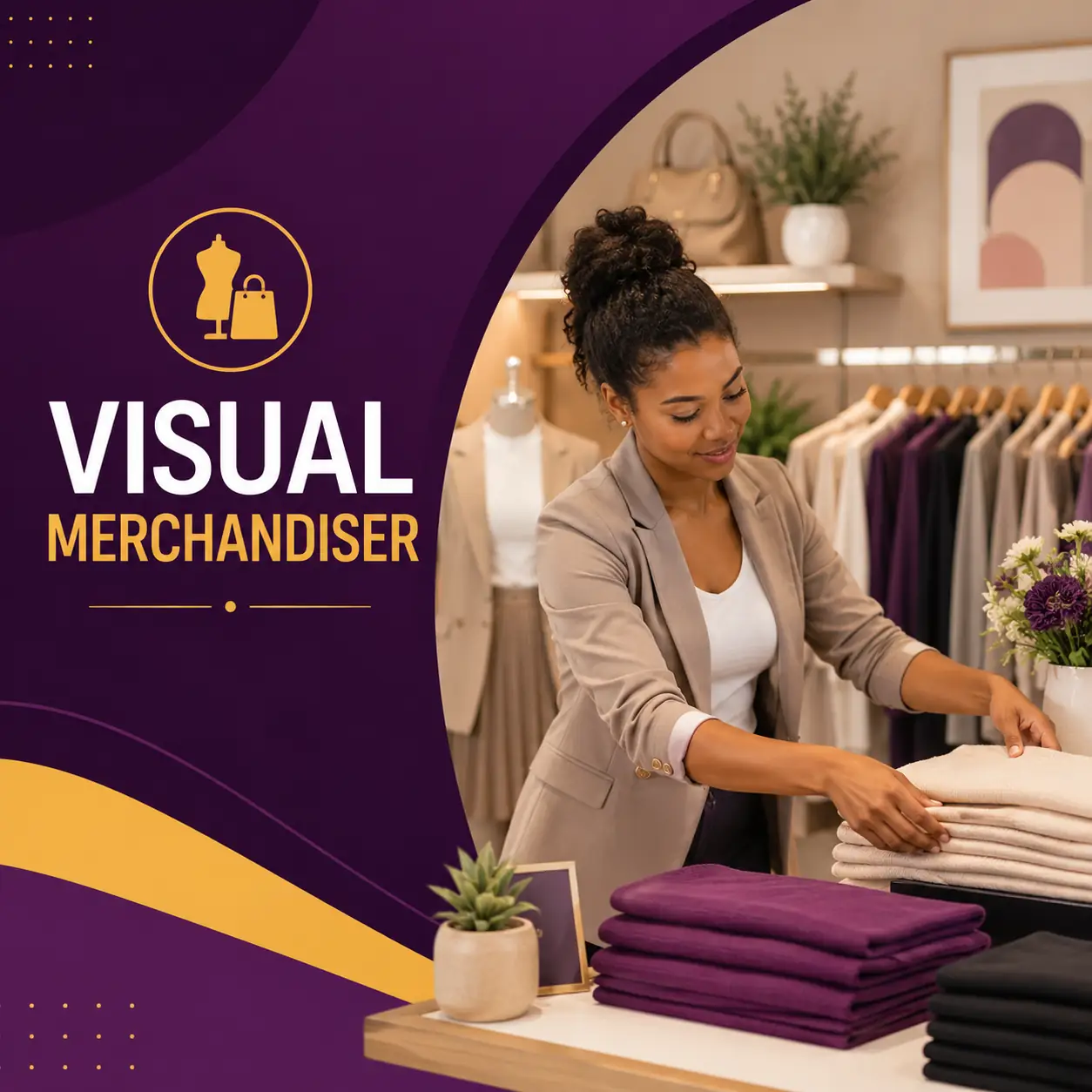 Visual Merchandiser course cover featuring a professional visual merchandiser arranging retail clothing displays in a modern fashion store with purple and gold branding.