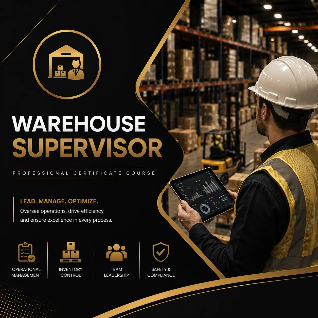 Warehouse Supervisor course cover featuring a supervisor using a tablet to oversee warehouse operations, inventory control, team leadership, and logistics management in a premium black and gold design.