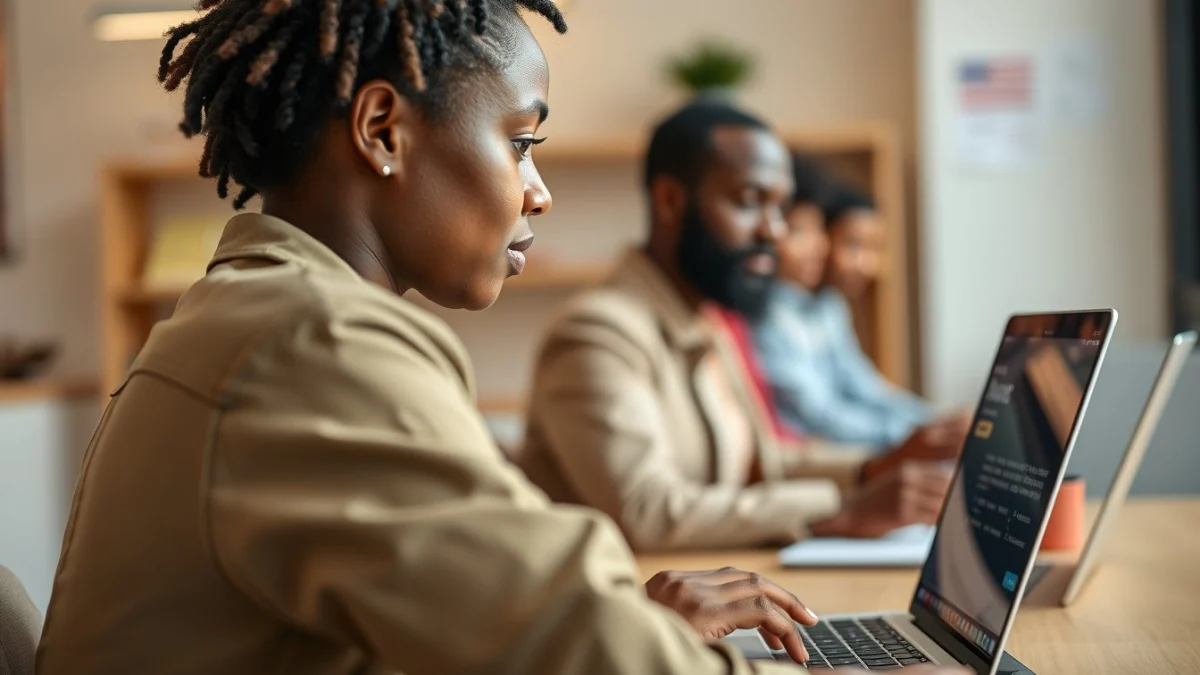 Person learning business skills in a clean modern workspace