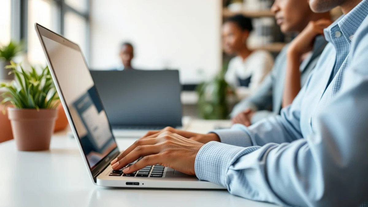 Person learning artificial intelligence skills on a laptop in a modern workspace