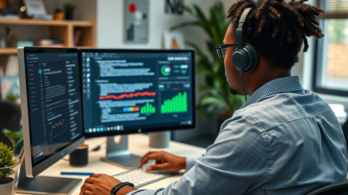 Person learning artificial intelligence skills on a laptop in a modern workspace