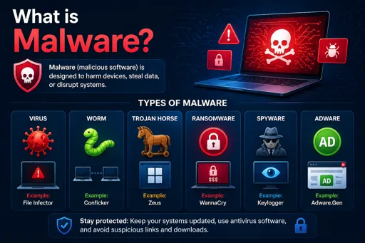 Illustration explaining malware with a warning screen and icons representing different types such as virus, worm, trojan, ransomware, spyware, and adware. 